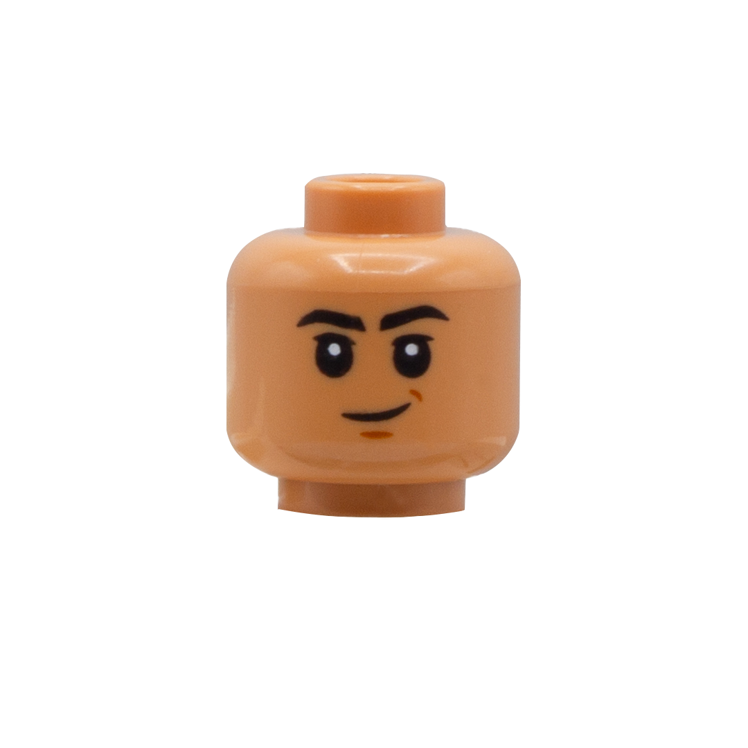 LEGO minifigure head in Nougat Flesh skin tone with big eyes, thick black eyebrows and one-sided smile.