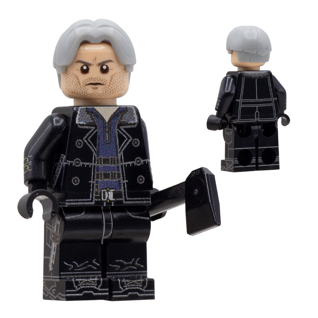 Custom LEGO Minifigure inspired by Leon from Resident Evil 9 game, with grey hair, wearing black jacket and holding a LEGO axe.