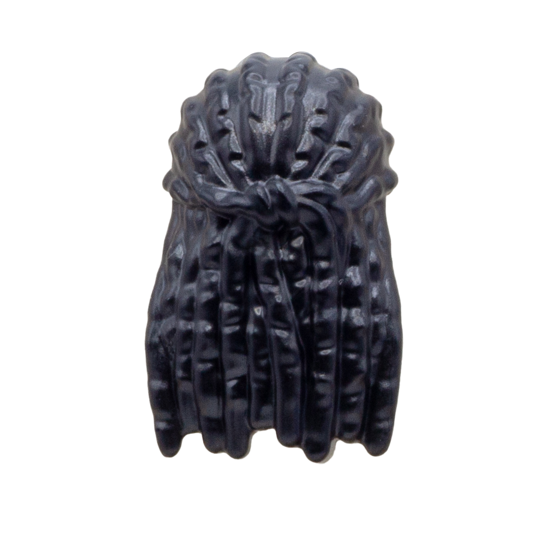 Long black LEGO Minifigure dreadlocks in a half-up do. Back view.