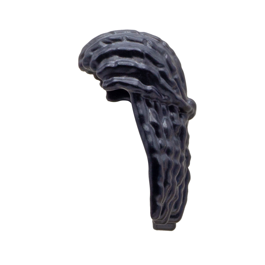 Long black LEGO Minifigure dreadlocks in a half-up do. Side view.