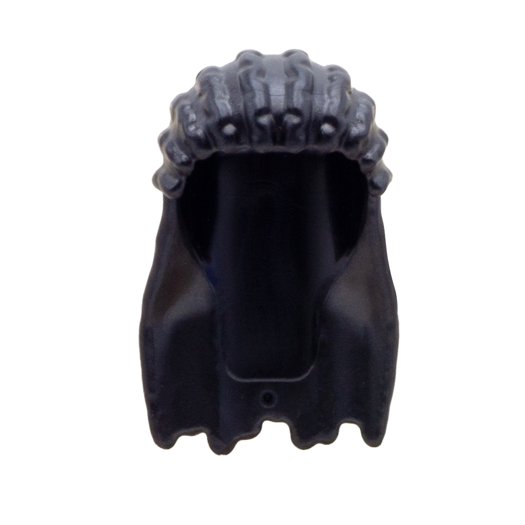 Long black LEGO Minifigure dreadlocks in a half-up do. Front view.