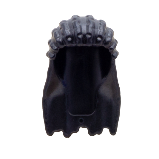 Long black LEGO Minifigure dreadlocks in a half-up do. Front view.