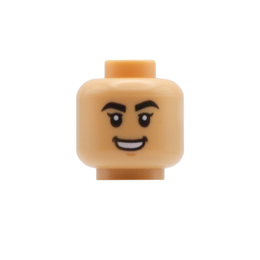 Thick Black Eyebrow Flicked Eyelashes Smile / Annoyed (Medium Tan) - LEGO Minifigure Head