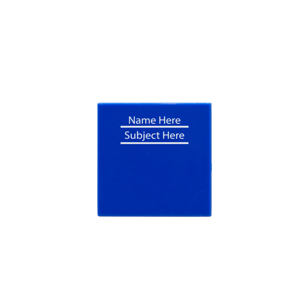 Personalised blue custom LEGO exercise book which is blue and neat looking (add your own name and subject): image shows the blue tile saying 'Name here' on the top row and 'subject here' below. 