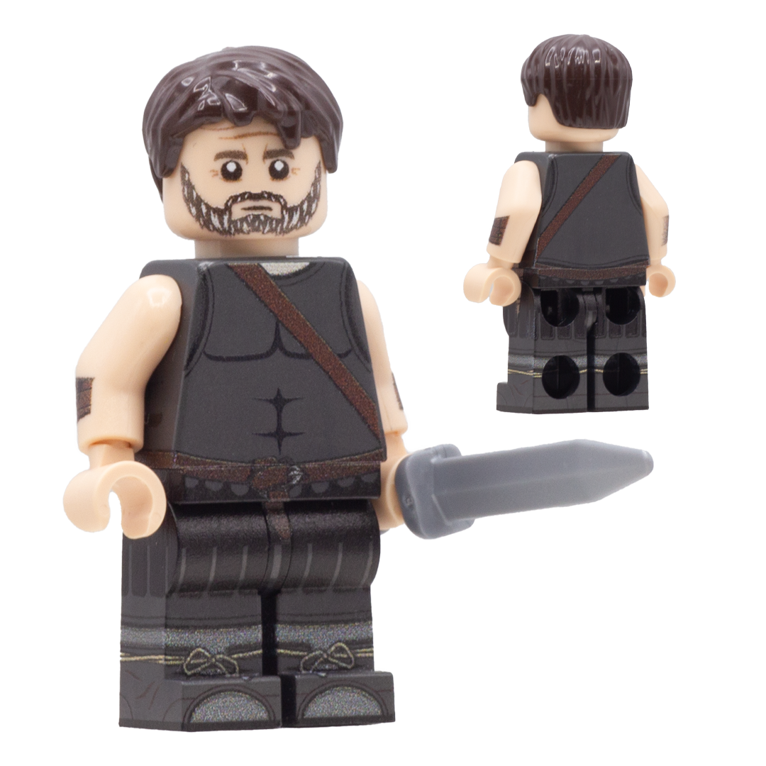 A custom minifigure of Odysseus shown from the front and back on a plain white background. The figure has brown hair and beard, light flesh arms and hands, a dark gray sleeveless top with brown straps, and dark gray pants, and is holding a gray sword.