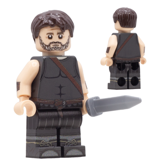 A custom minifigure of Odysseus shown from the front and back on a plain white background. The figure has brown hair and beard, light flesh arms and hands, a dark gray sleeveless top with brown straps, and dark gray pants, and is holding a gray sword.