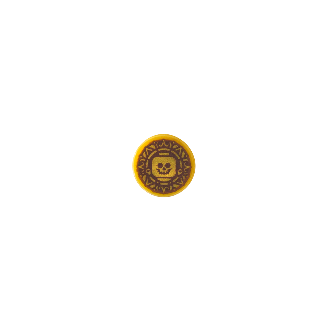 LEGO round tile with the print of the curse pirate coin from Pirates of the Caribbean franchise.