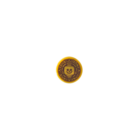 LEGO round tile with the print of the curse pirate coin from Pirates of the Caribbean franchise.