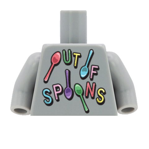 A light grey custom LEGO minifigure torso piece featuring the text 'OUT OF SPONS' in colorful retro lettering with spoon illustrations on the front