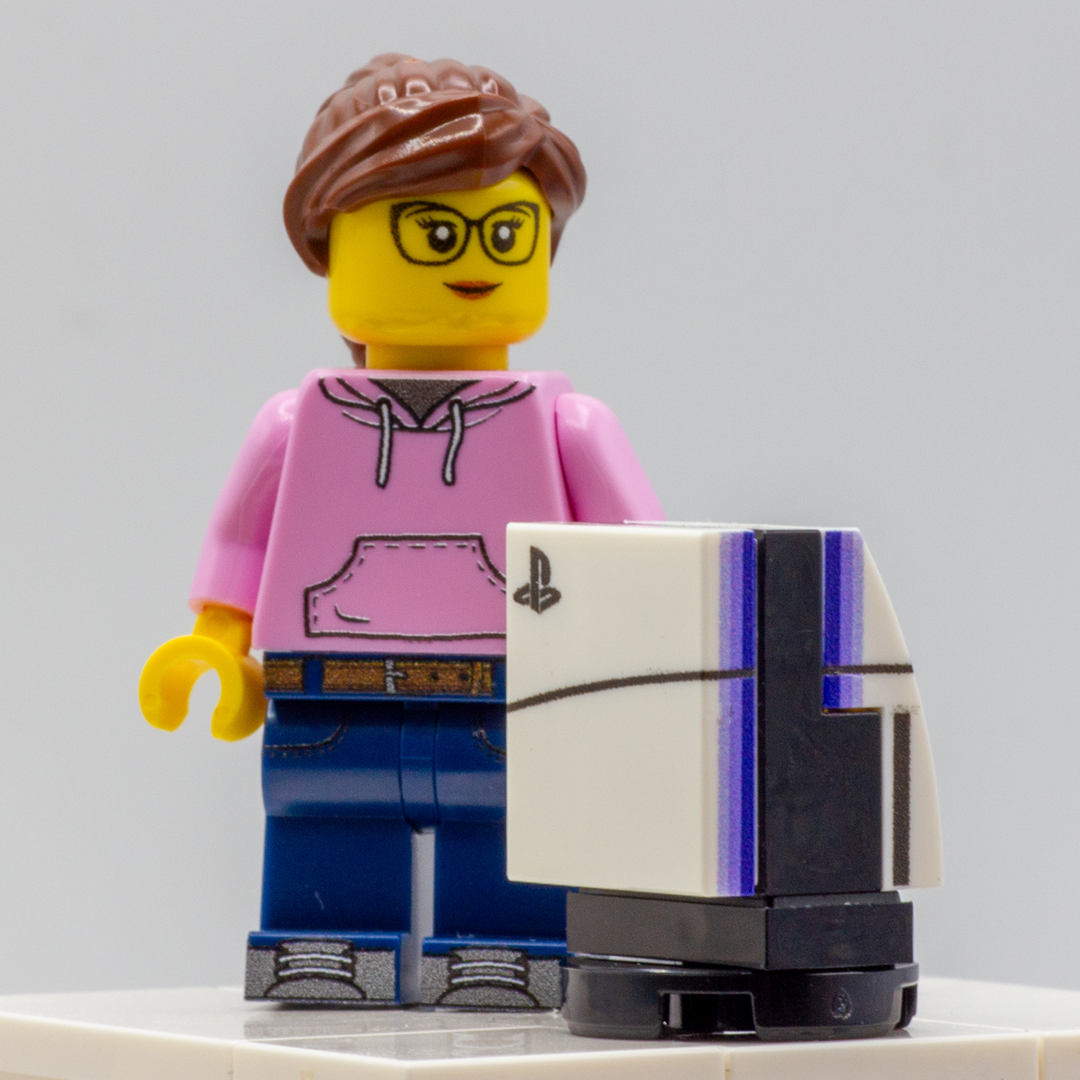 Custom Printed LEGO PS5 Console with Minifigure for scale