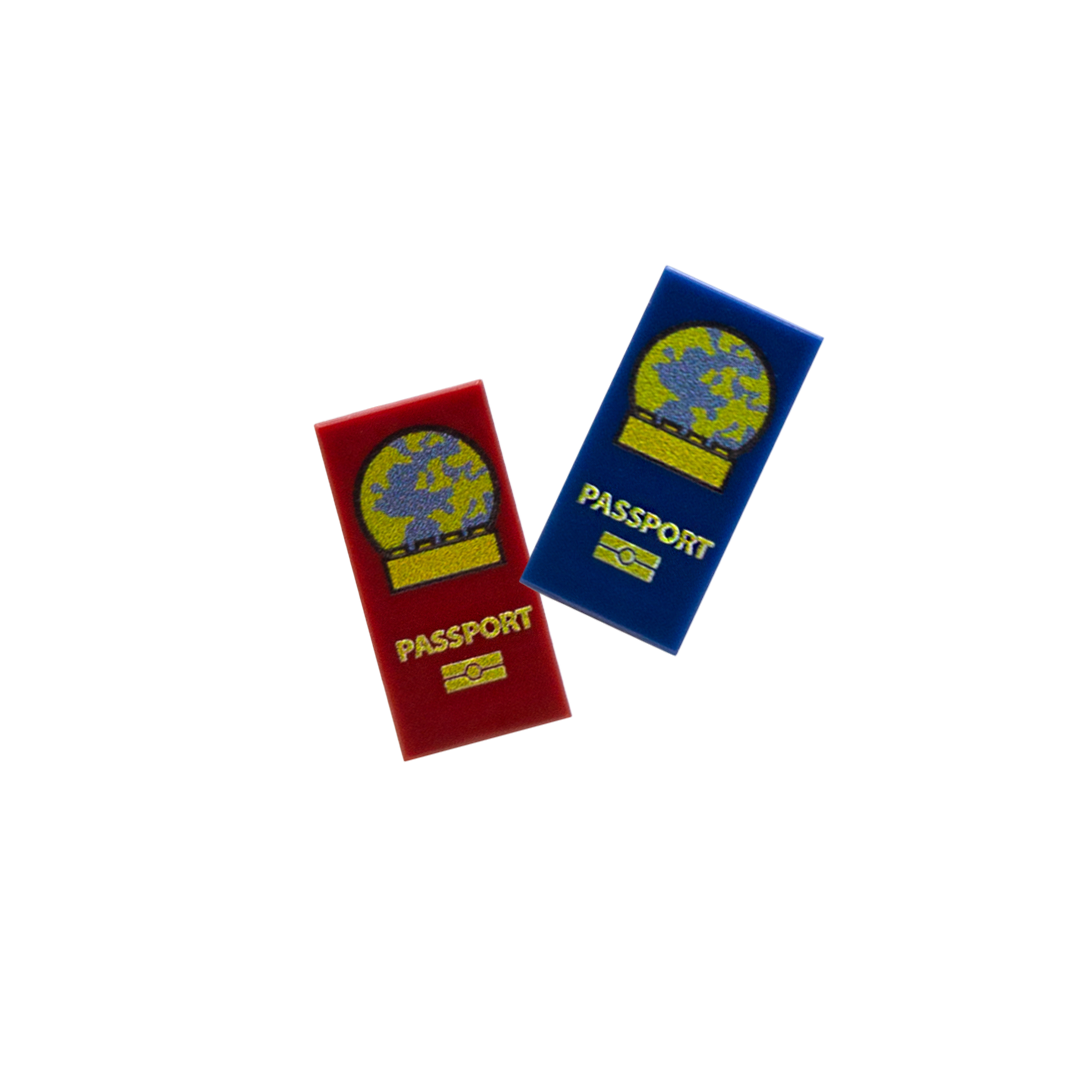 Two LEGO tiles with printed pretend passports design on them .