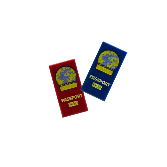 Two LEGO tiles with printed pretend passports design on them .
