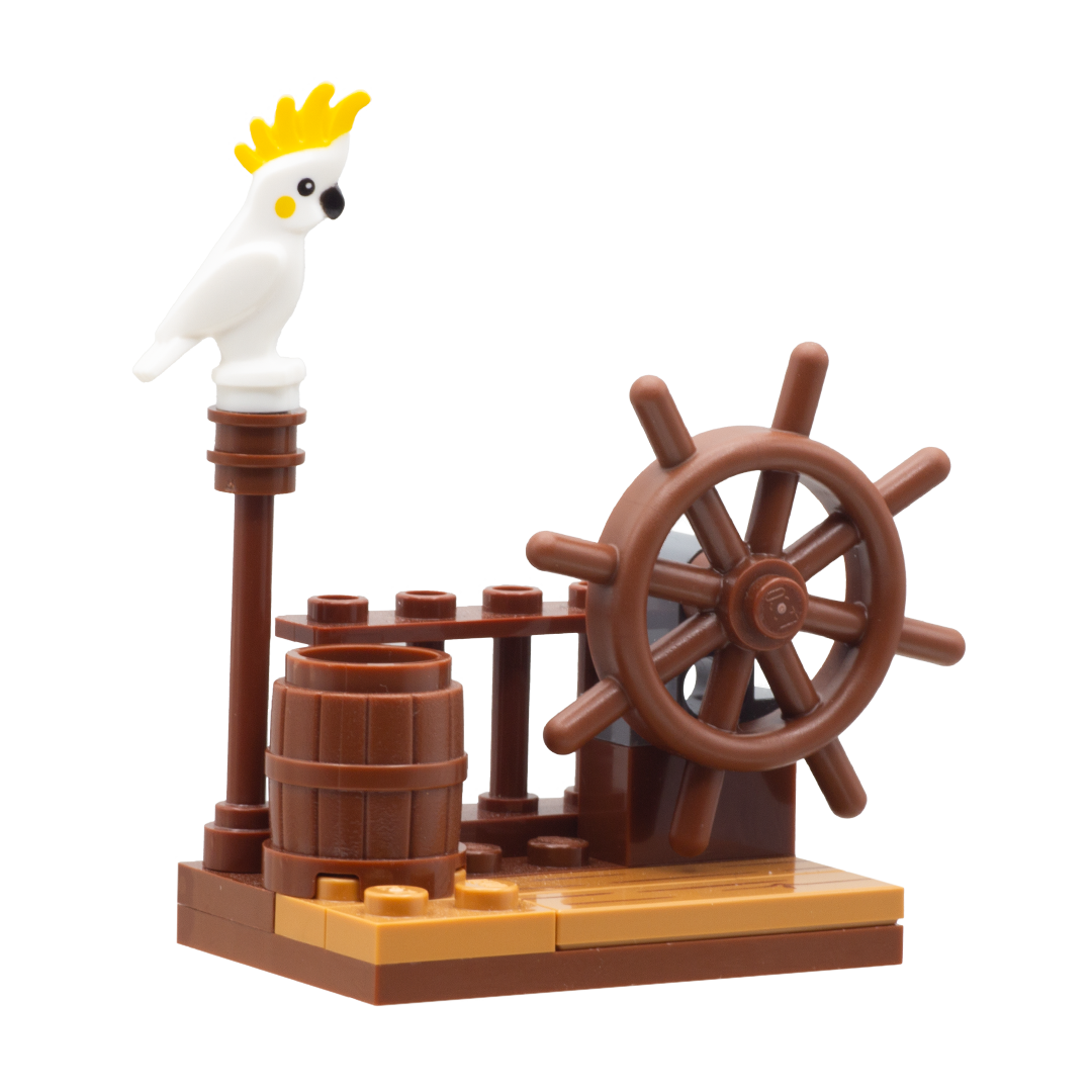 Pirate Ship Wheel and Parrot LEGO Display - Custom Minifig Minibuild Display