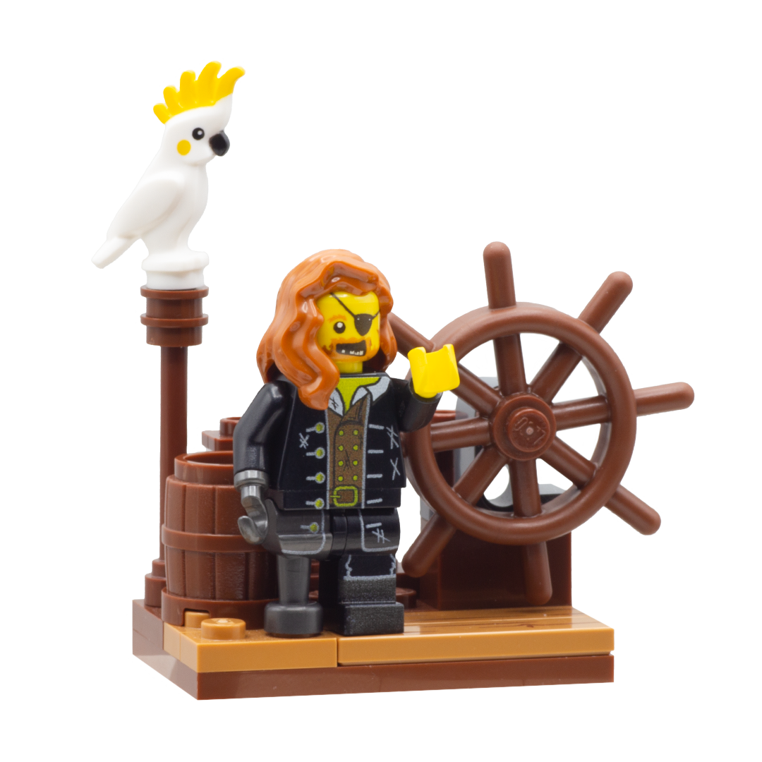 Pirate Ship Wheel and Parrot LEGO Display - Custom Minifig Minibuild Display