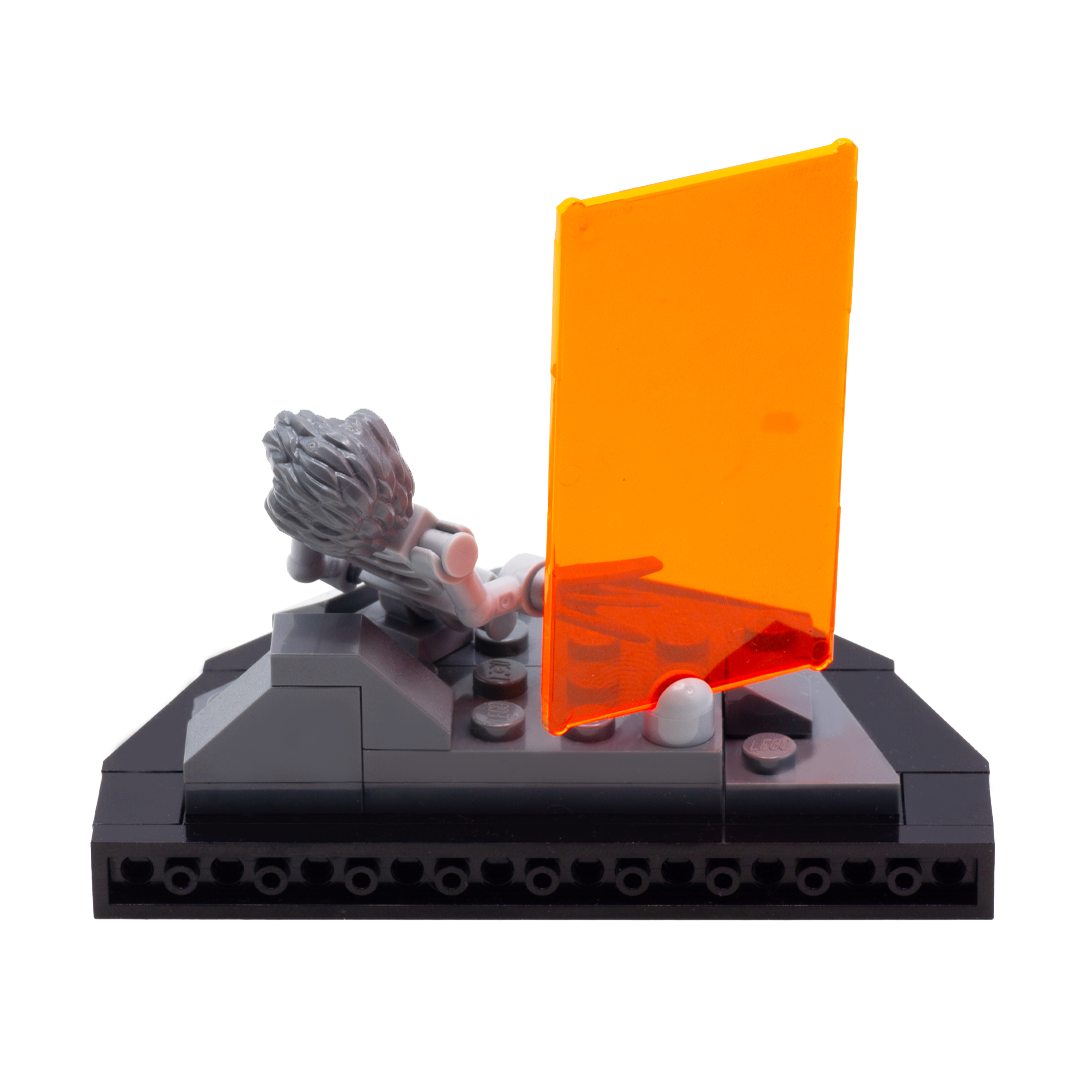 Custom LEGO display based on the scene from Deadpool and Wolverine movie, featuring orange Timedoor and the remains of Wolverine in LEGO form. Rear view.