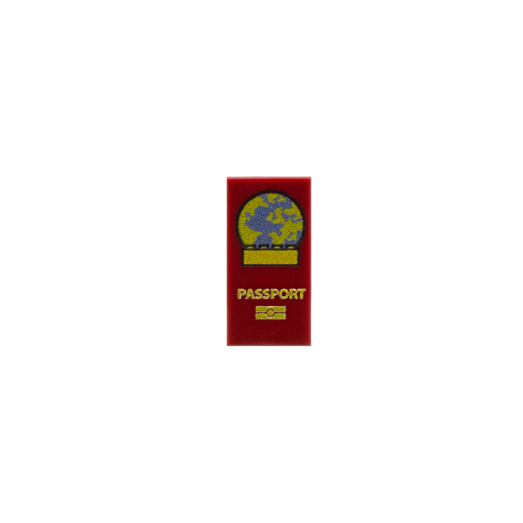 Dark red LEGO tile with printed pretend passports design on it.