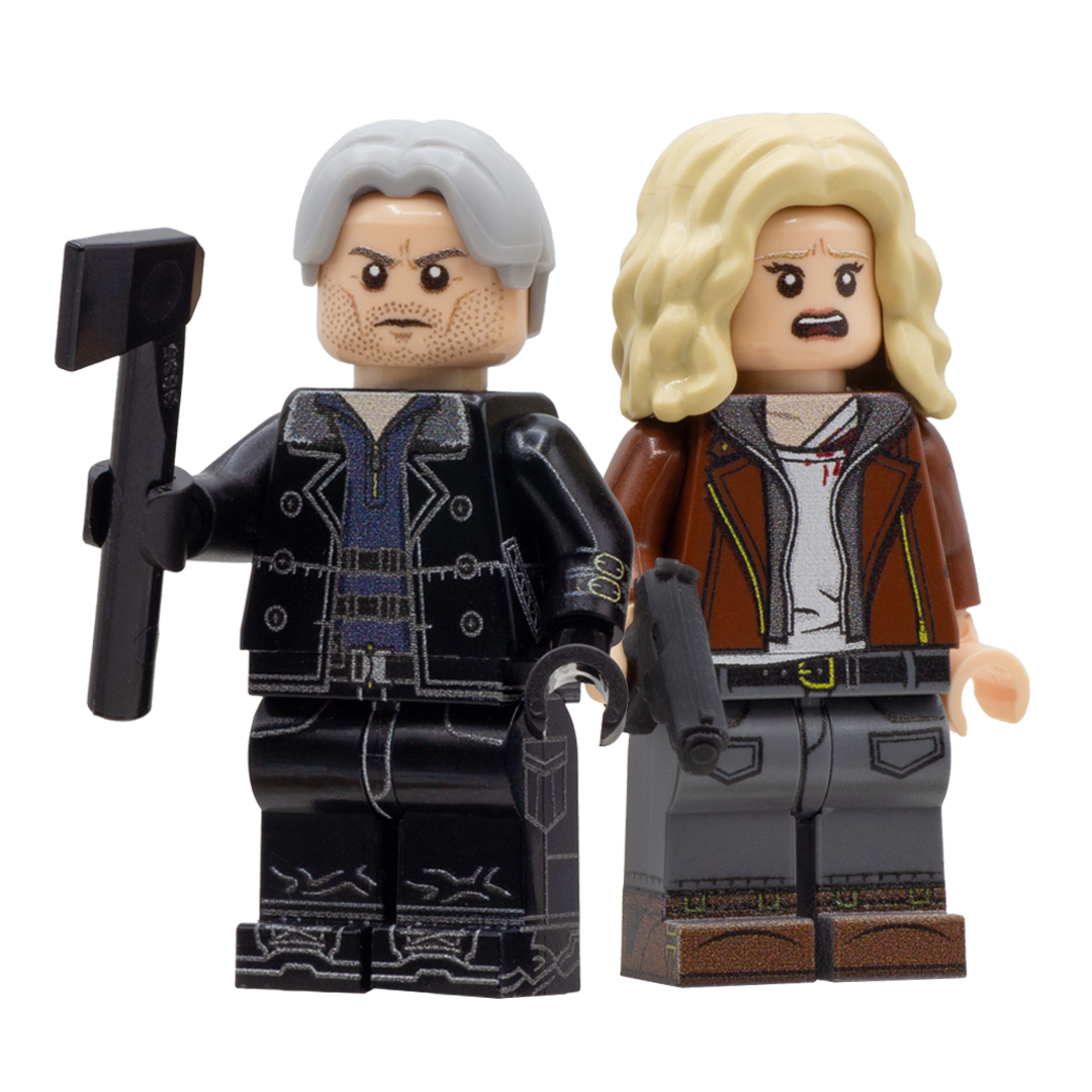 Leon and grace from Resident Evil 9 game as minifigures holding their LEGO weapons.