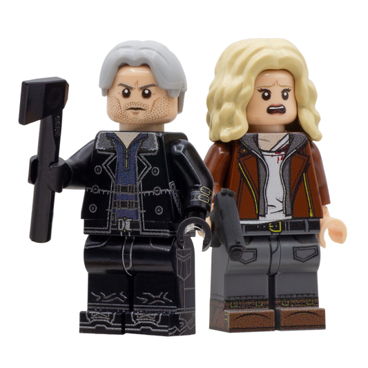 Leon and grace from Resident Evil 9 game as minifigures holding their LEGO weapons.