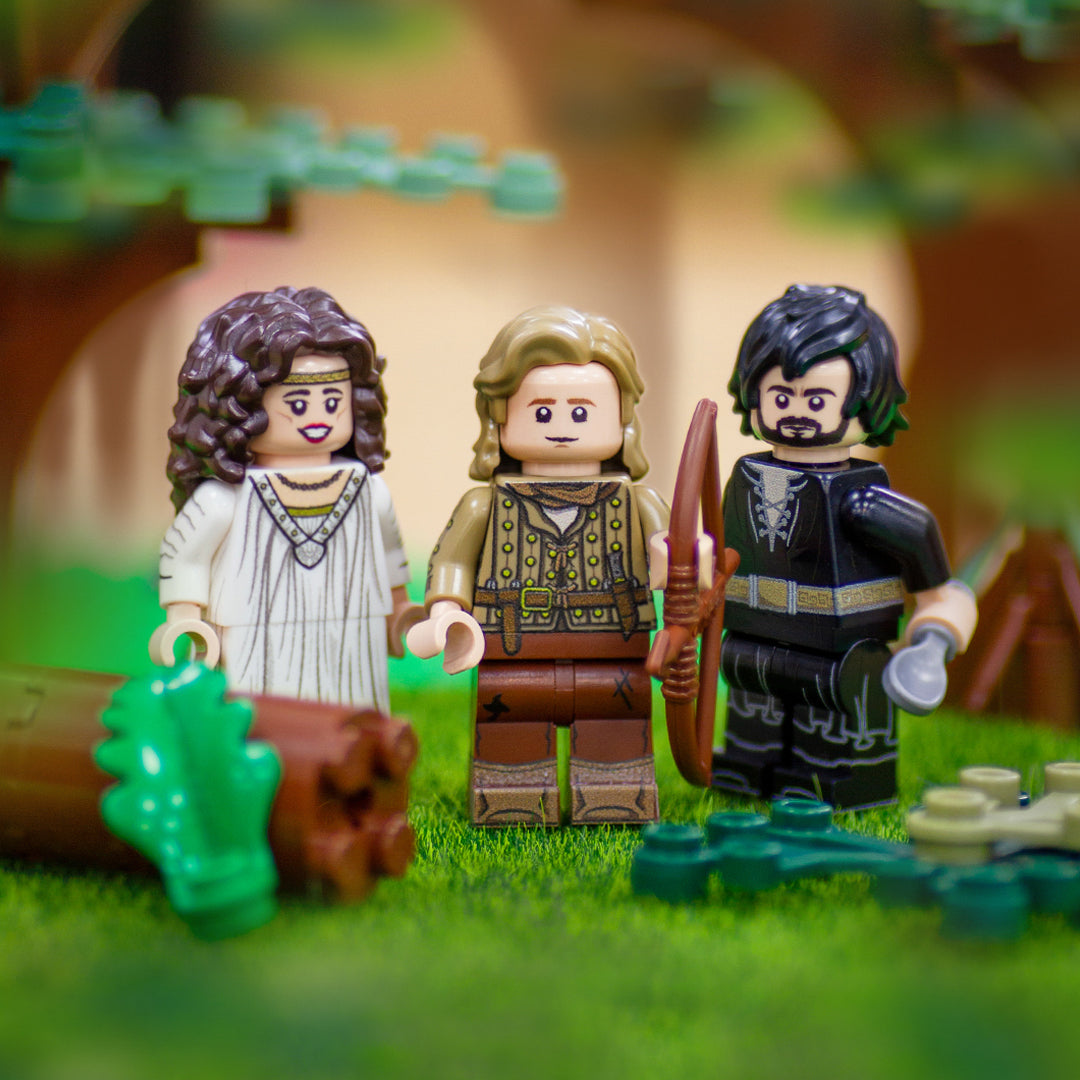 Three custom minifigures inspired by the characters from Robin Hood: Prince of Thieves movie - Robin Hood, Maid Marian and Sheriff of Nottingham.