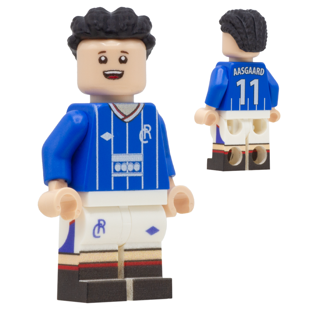 A LEGO-style soccer minifigure of Rangers FC footballer, Thelo Aasgaard. The figure wears a blue jersey with white striping, white shorts, and black hair.