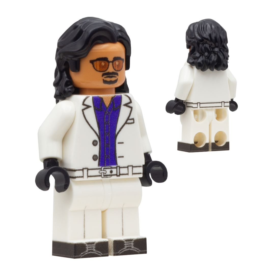 Custom Design LEGO Minifigure of Raul Bautista from GTA 6  - The figure is a tanned male wearing a white suit with a purple shirt. He has long black hair, a goatee and mustache and sunglasses. 
