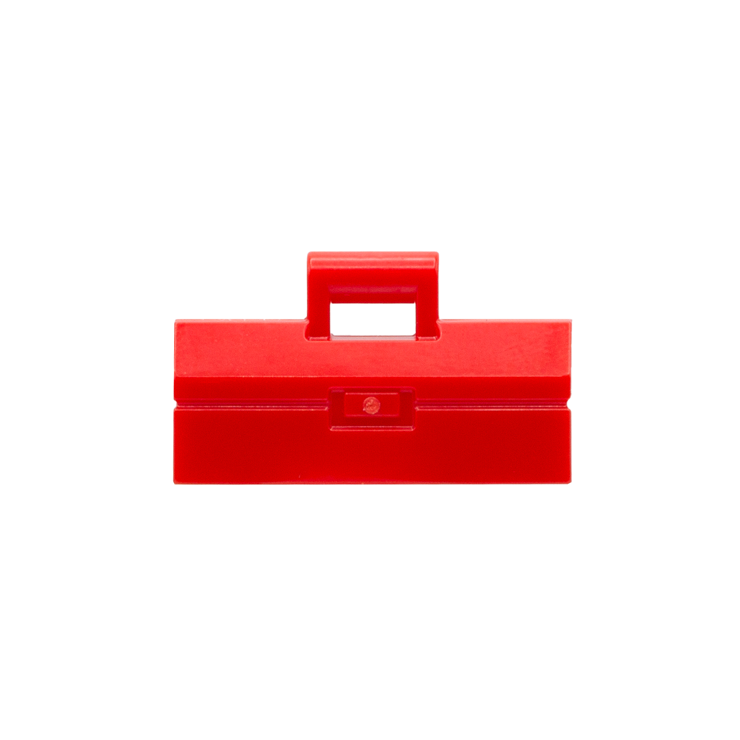 Red LEGO minifigure toolbox with handle
