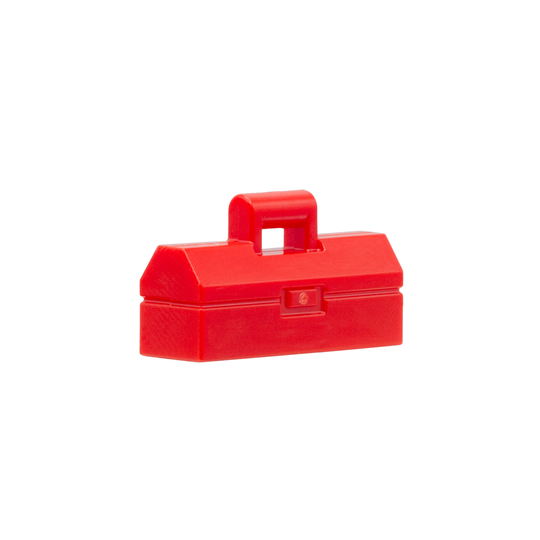 Red LEGO minifigure toolbox with handle