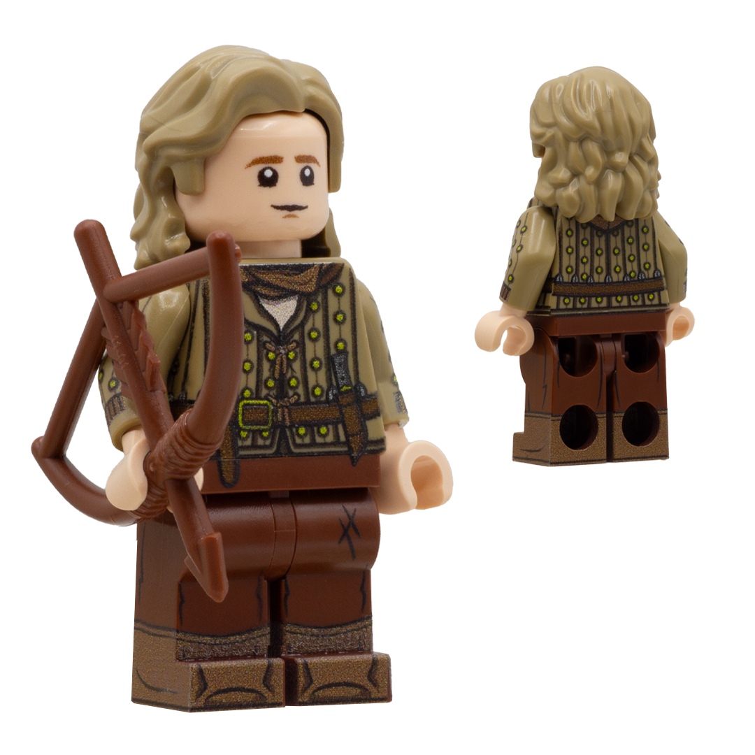 Custom minifigure inspired by Robin Hood portrayed by Kevin Costner, holding a LEGO bow and arrow.