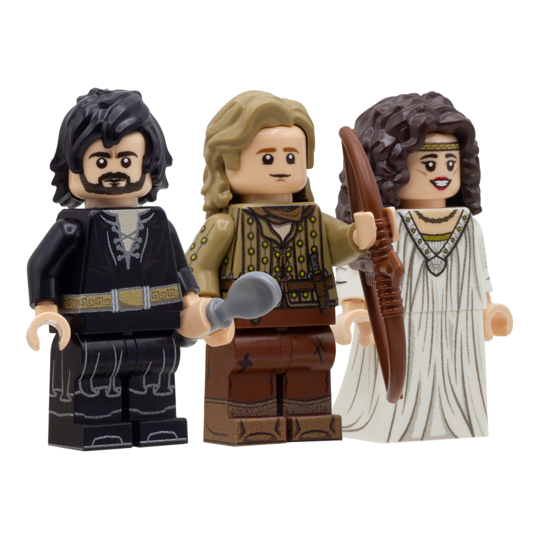 Three custom minifigures inspired by the characters from Robin Hood: Prince of Thieves movie - Robin Hood, Maid Marian and Sheriff of Nottingham.