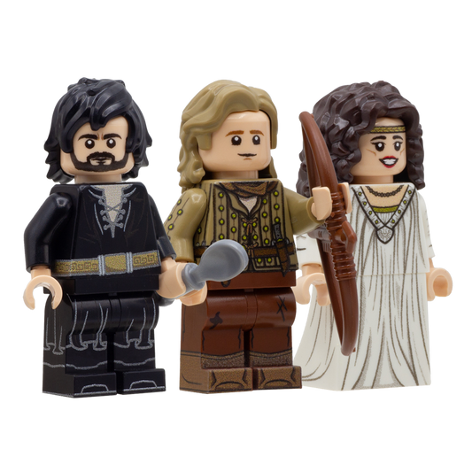 Three custom minifigures inspired by the characters from Robin Hood: Prince of Thieves movie - Robin Hood, Maid Marian and Sheriff of Nottingham.