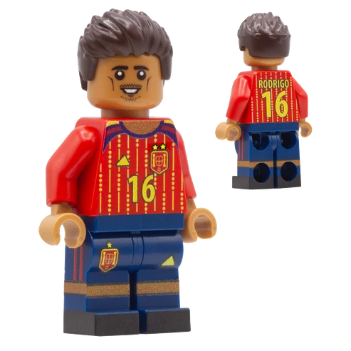 A LEGO-style soccer minifigure shown from the front and back on a plain white background. The figure wears a red and yellow Spain jersey with the number 16, the name Rodrigo on the back, and blue shorts, with brown hair and a medium dark skin-tone hands and head.