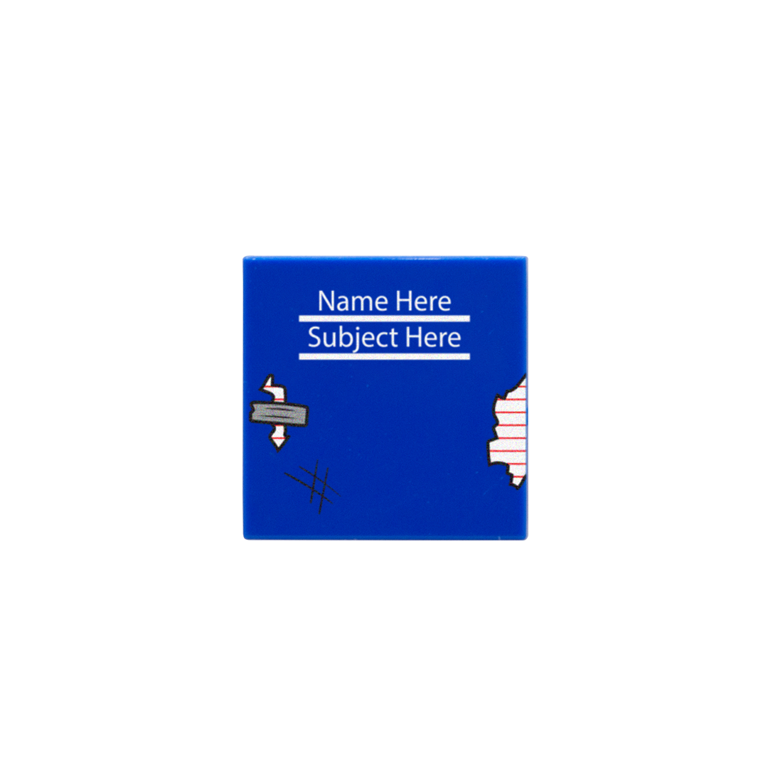 Personalised blue custom LEGO tile with a school exercise book design which is scruffy looking (text reads 'Name Here' then 'Subject Here' below)