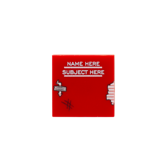 Personalised custom LEGO exercise book which is red and scruffy looking (add your own name and subject)