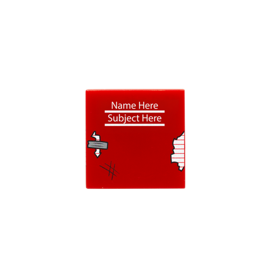 Personalised red custom LEGO tile with a school exercise book design which is scruffy looking (text reads 'Name Here' then 'Subject Here' below)
