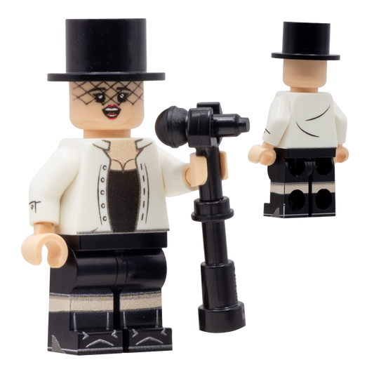  Custom printed LEGO Minifigure inspired by Shania Twain wearing white shirt and top hat and holding a microphone.