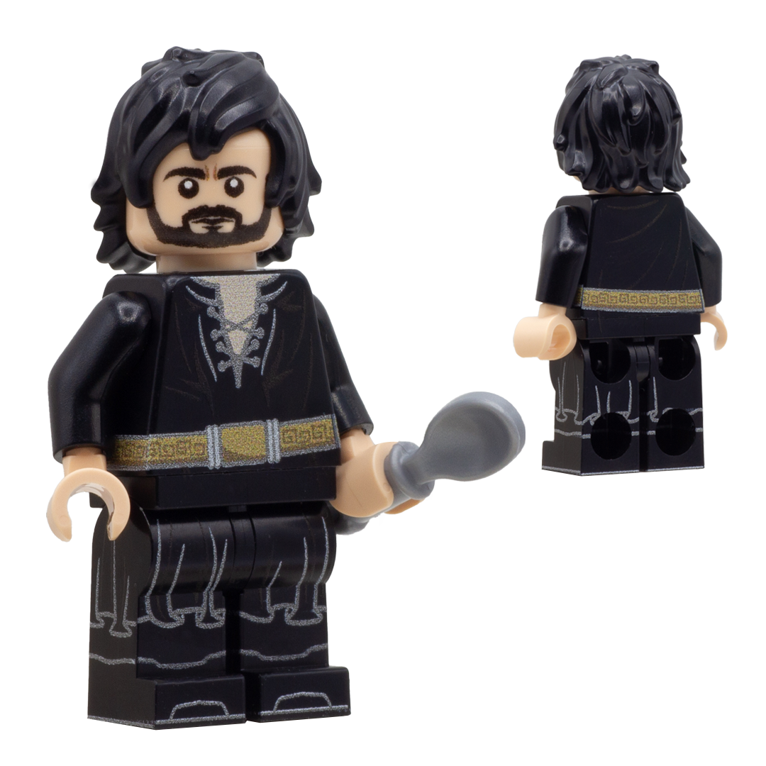 Custom minifigure inspired by Sheriff of Nottingham portrayed by Alan Rickman, holding a LEGO spoon