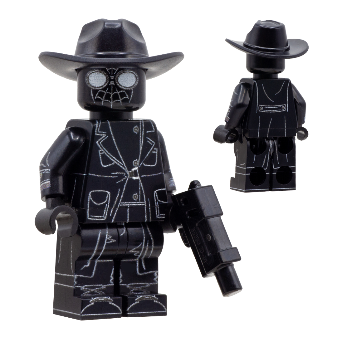 Custom LEGO minifigure inspired by Spider Noir Marvel character, wearing black hat, black Spiderman mask, and a long black coat printed on with details. 