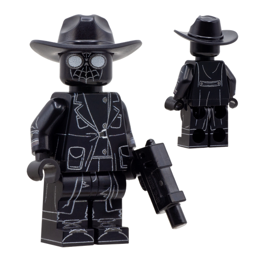 Custom LEGO minifigure inspired by Spider Noir Marvel character, wearing black hat, black Spiderman mask, and a long black coat printed on with details. 