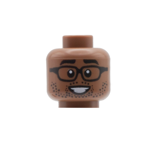 Square Glasses & Stubble Big Smile / Smirk (Medium Brown) - LEGO Minifigure Head