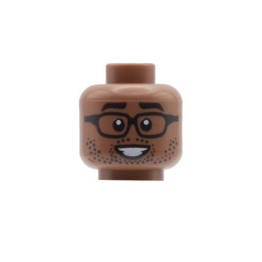 Square Glasses & Stubble Big Smile / Smirk (Medium Brown) - LEGO Minifigure Head