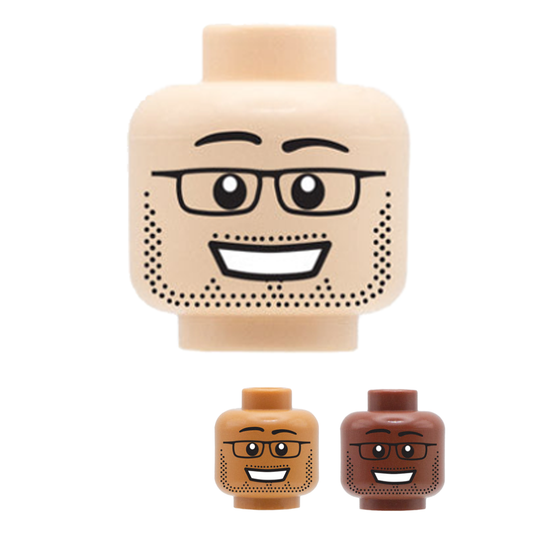 Big Grin, Stubble Glasses - Custom Printed Minifigure Head