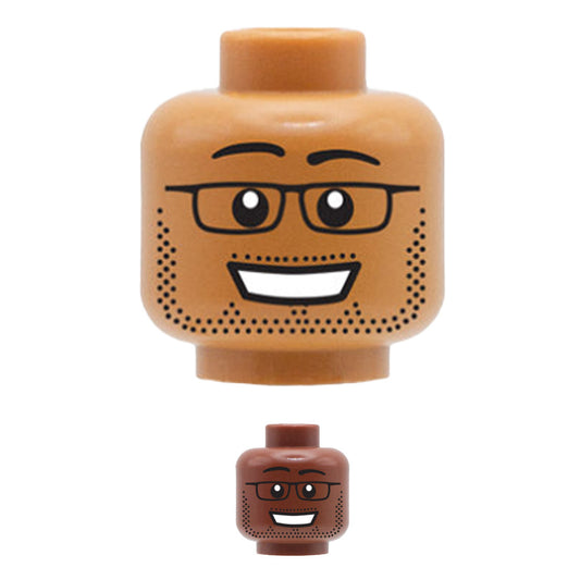 Big Grin, Stubble Glasses - Custom Printed Minifigure Head