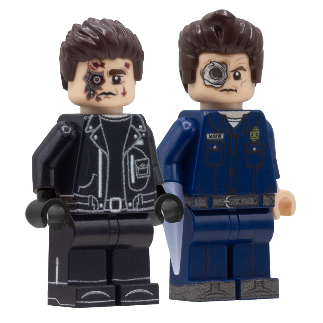 LEGO Minifigures of T-800 and T-1000 from Terminator 2: Judgement Day; Arnold Schwarzenegger and Robert Patrick  - Custom Design LEGO Minifigures