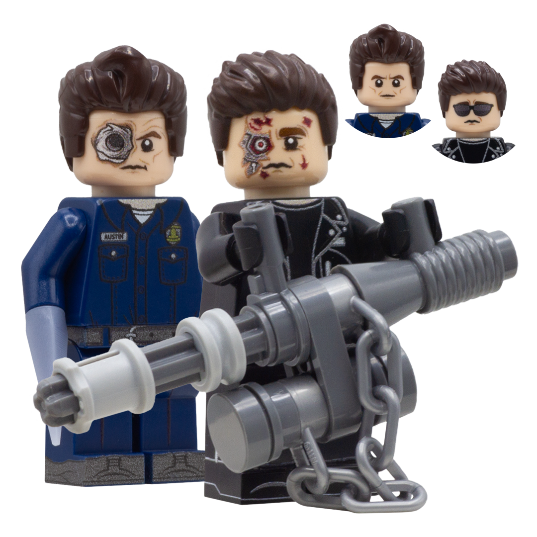 LEGO Minifigures of T-800 and T-1000 from Terminator 2: Judgement Day; Arnold Schwarzenegger and Robert Patrick  - Custom Design LEGO Minifigures