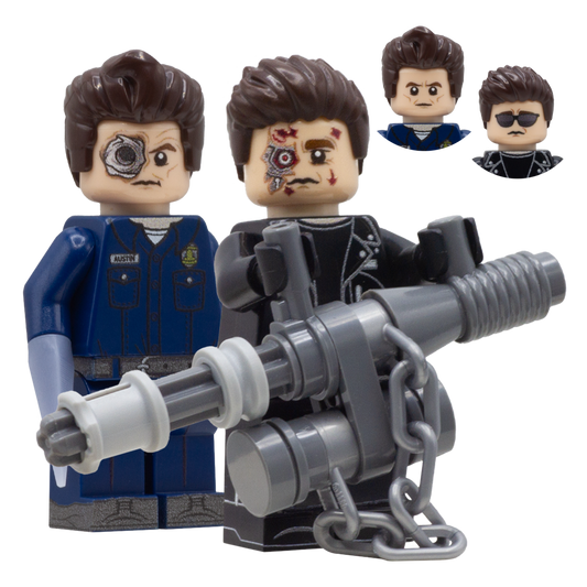 LEGO Minifigures of T-800 and T-1000 from Terminator 2: Judgement Day; Arnold Schwarzenegger and Robert Patrick  - Custom Design LEGO Minifigures