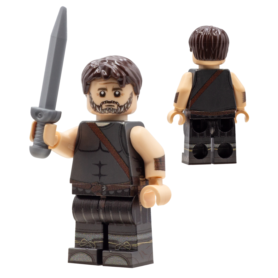 A custom minifigure of Odysseus shown from the front and back on a plain white background. The figure has brown hair and beard, light flesh arms and hands, a dark gray sleeveless top with brown straps, and dark gray pants, and is holding a gray sword.