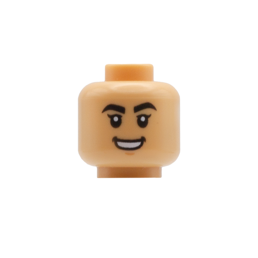 Thick Black Eyebrow Flicked Eyelashes Smile / Annoyed (Medium Tan) - LEGO Minifigure Head