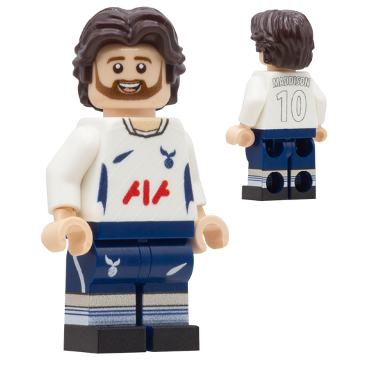 A LEGO-style soccer minifigure of Tottenham Hotspur player, James Maddison. The figure has brown hair and beard, wearing a white jersey with red and blue details and navy shorts.