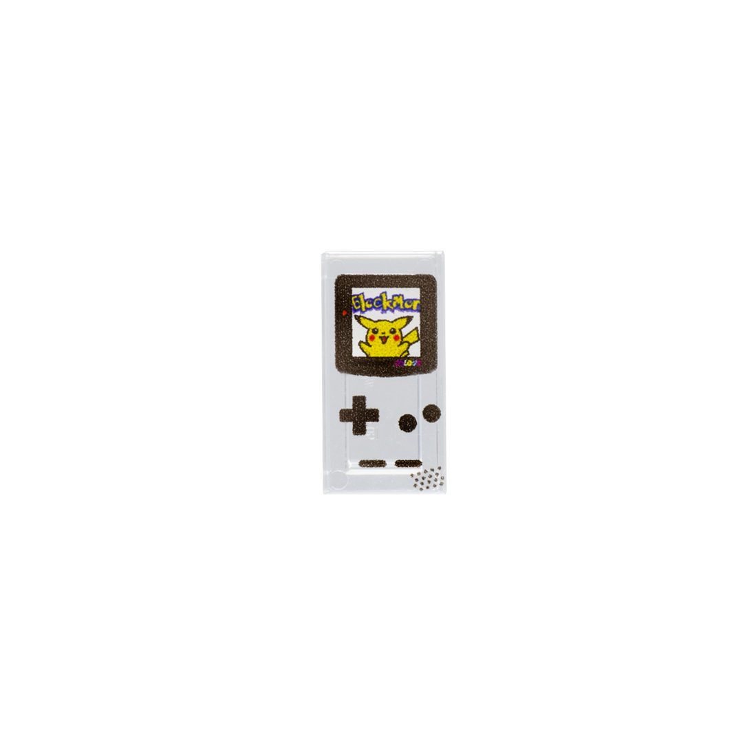 Translucent Nintendo Game Boy console printed on a LEGO tile with Pikachu game inspired design