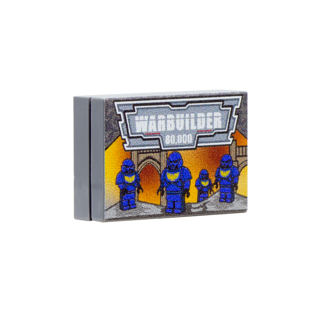 Custom-printed LEGO tile based on Warhammer RPG miniatures box made for fans of RPG and gaming. The print features blue Warhammer miniatures with yellow symbol on their chest.